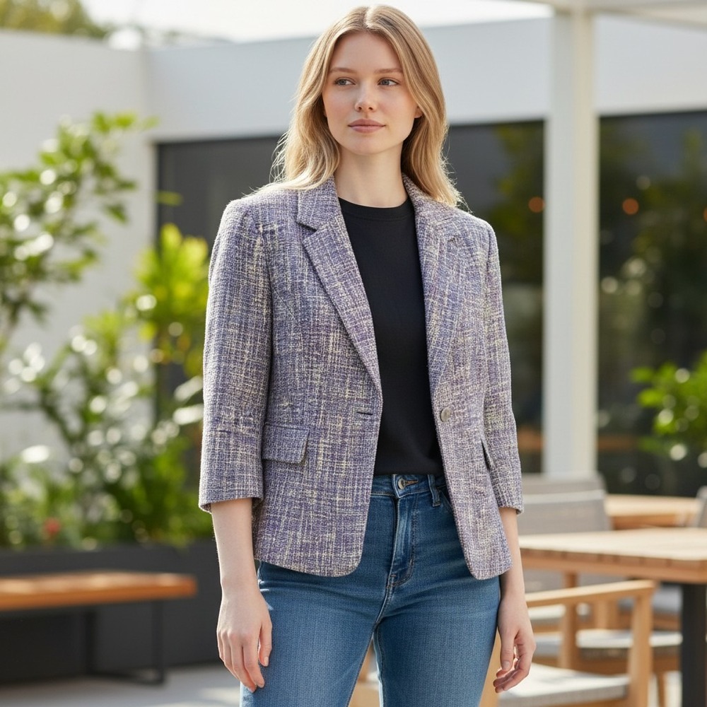 Oscar de la Renta Tweed Blazer Purple Blue Cream 3/4 Sleeve Jacket Size 10